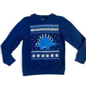Kids Blue Menorasaurus Funny Hanukkah Sweater Large
